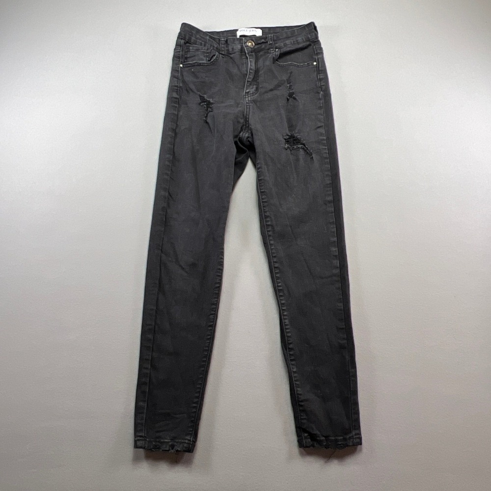 Wax Jean Womens 5/27 Black Denim Cotton Distressed Dark Wash Skinny Leg Mid Rise
